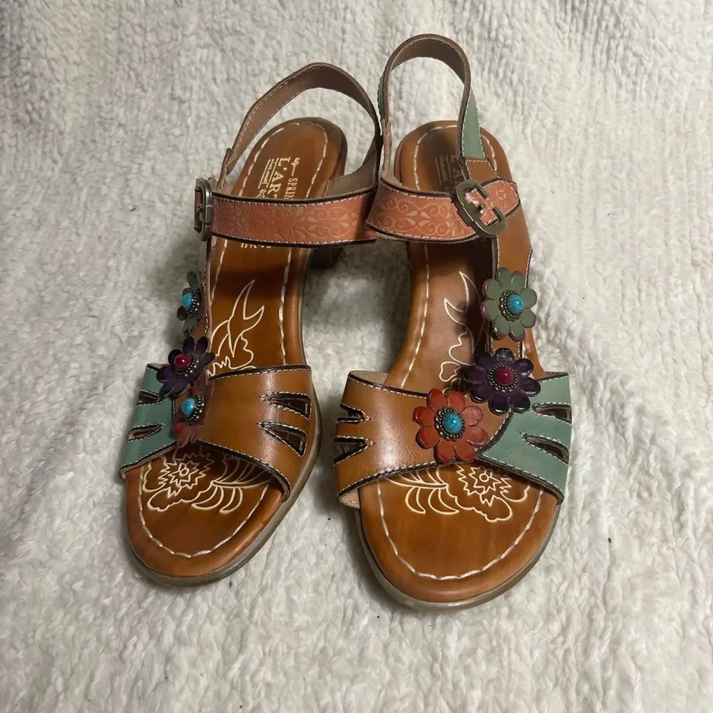 L'ATISTE by Spring Step Yovela multi color Floral Sandals block heels SZ42 US10